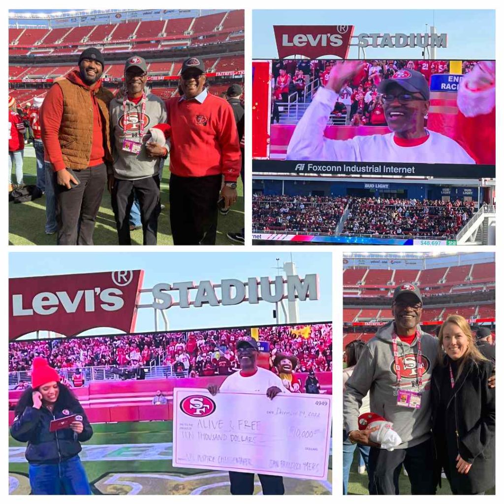 Big big thanks to the San Francisco 49ers for honoring me at their home game on Christmas Eve. The recognition was for Inspiring Change for Social Justice. It was surreal to see my face on the Jumbotron and to hear 60,000 people cheering for you. Thanks for the funding for Alive & Free and the Super Bowl tickets-neither of which I had any advance knowledge of. It's crazy to get accolades for doing something that you really love doing. Everyone knows I love working with the kids. And the Niners won big time. Thanks again and Go Niners!